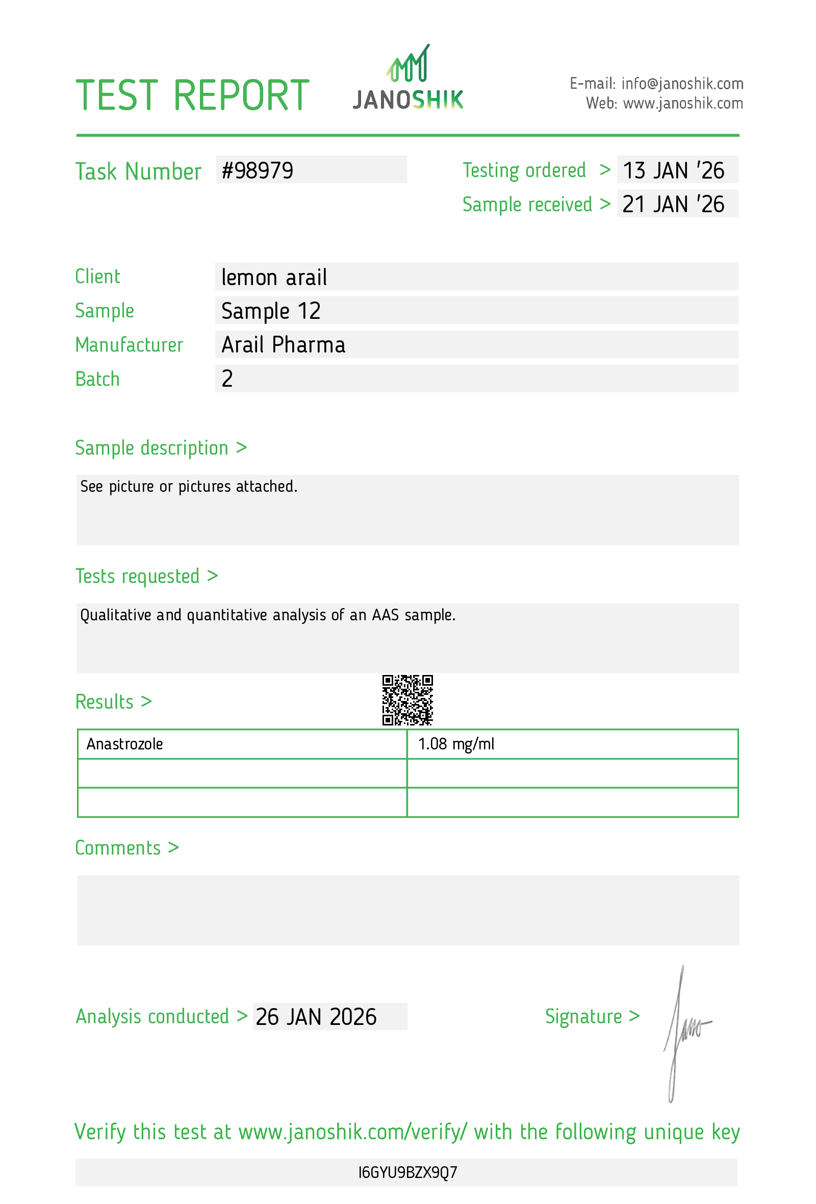 ARIMIDEX-1 (Alcohol Based) lab report