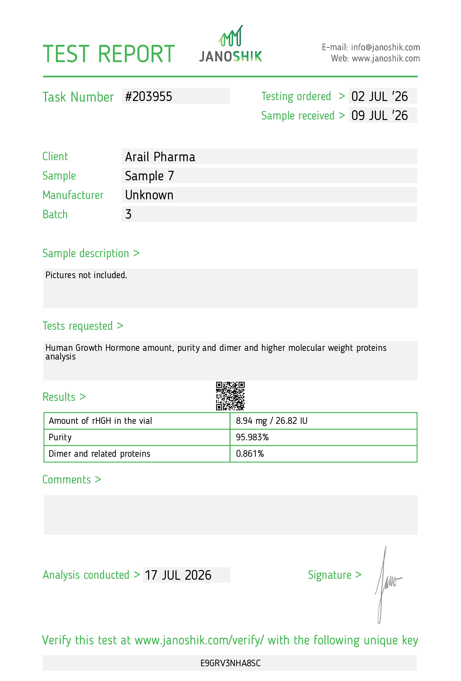 Arail Somatropin 240IU lab report