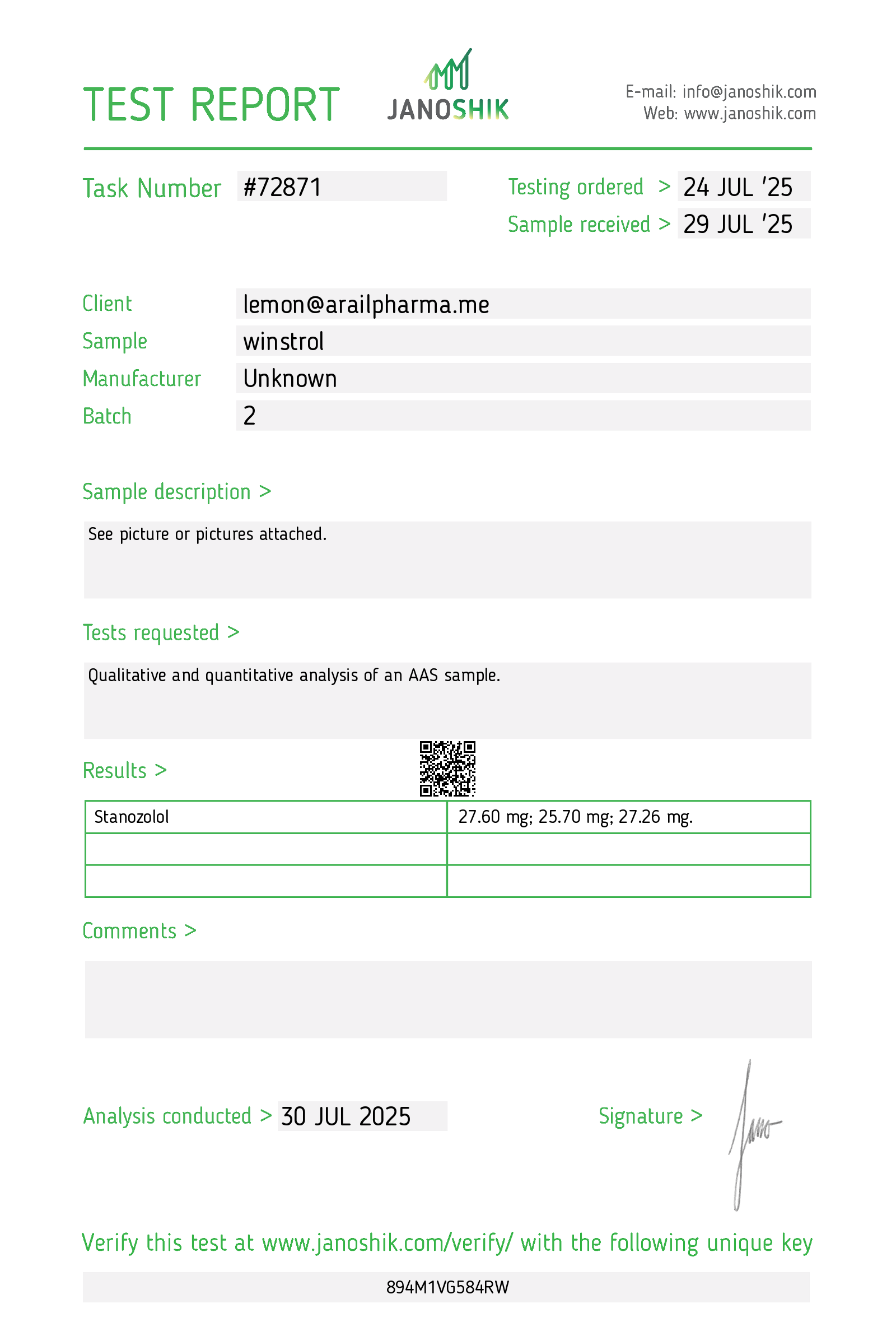 WINSTROL-25 lab report